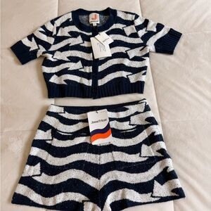 REVOLVE Navy and White Zebra-Stripe Knit Crop Cardigan